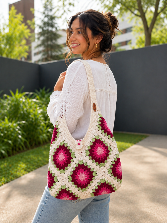 Handmade Crochet Pink Flower Big Shoulder Bag – Spacious & Stylish