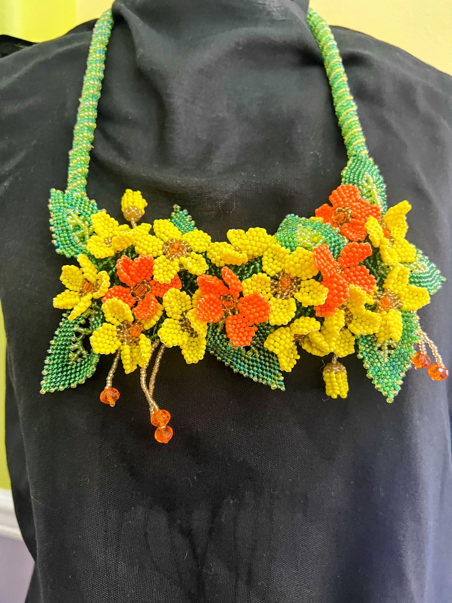 Handmade Yellow Necklace with A Garden of 3D Flowers, Beaded and Loved