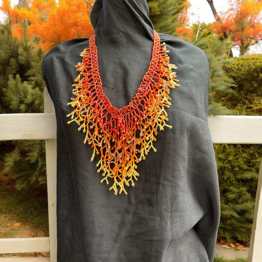 Orange Handmade Green Seaweed Design Dangling beaded necklace-Boho necklace-Beach jewelry-Statement necklace-Ocean-inspired necklace- Fire Necklace