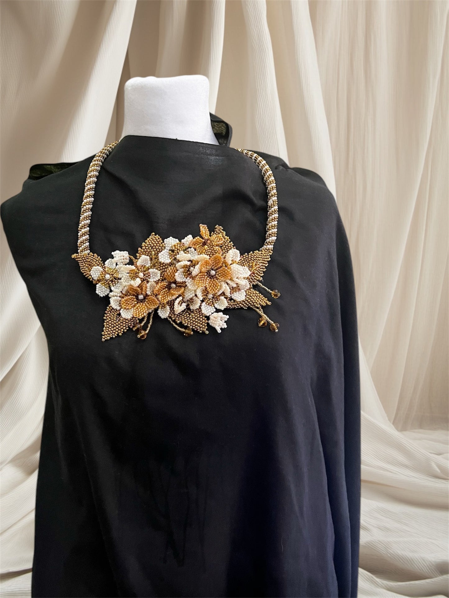 Handmade Gold Necklace with A Garden of 3D Flowers, Beaded and Loved