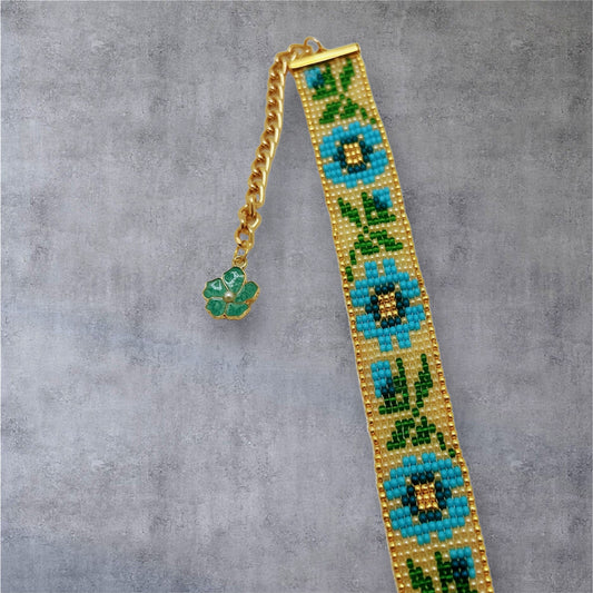 Handmade Delicate Beaded Flower Bracelet (Gold/Blue) - Limited Stock Available!