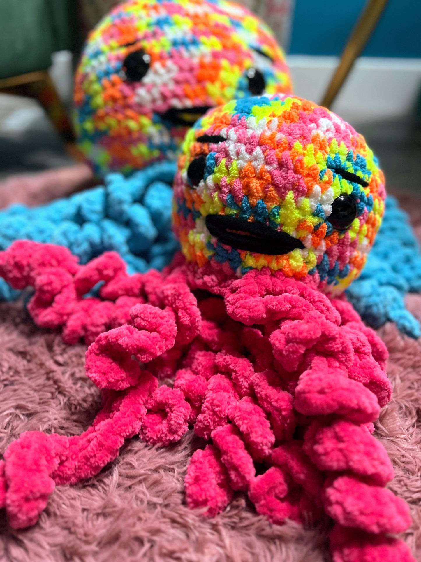 Stuffed Multicolored Pink Jellyfish - Crochet Knitted Amigurumi Toy