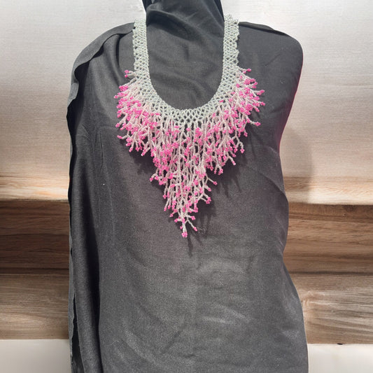 White & Pink Handmade Seaweed Design Dangling beaded necklace-Boho necklace-Beach jewelry-Statement necklace-Ocean-inspired necklace