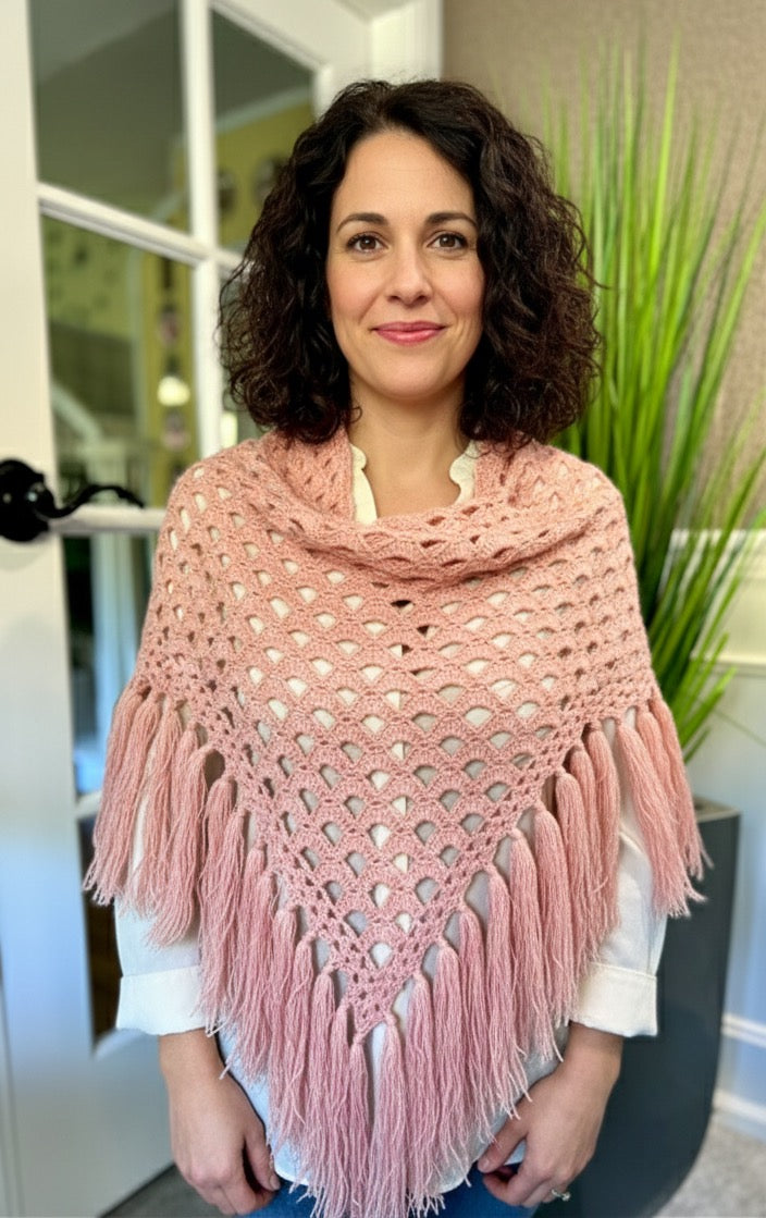 Wool Rose Triangle Shawl – Hand‑Crocheted Boho Wrap with Rose Motif & Fringe