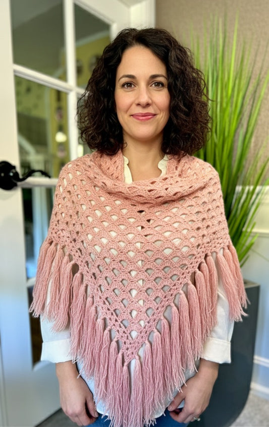 Wool Rose Triangle Shawl – Hand‑Crocheted Boho Wrap with Rose Motif & Fringe