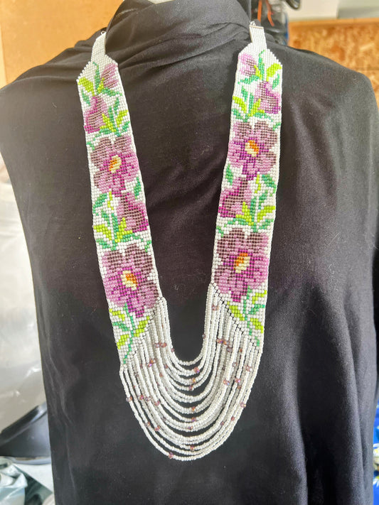 Purple Floral Beaded Necklace β Handmade Loom Necklace with Green Leaves
