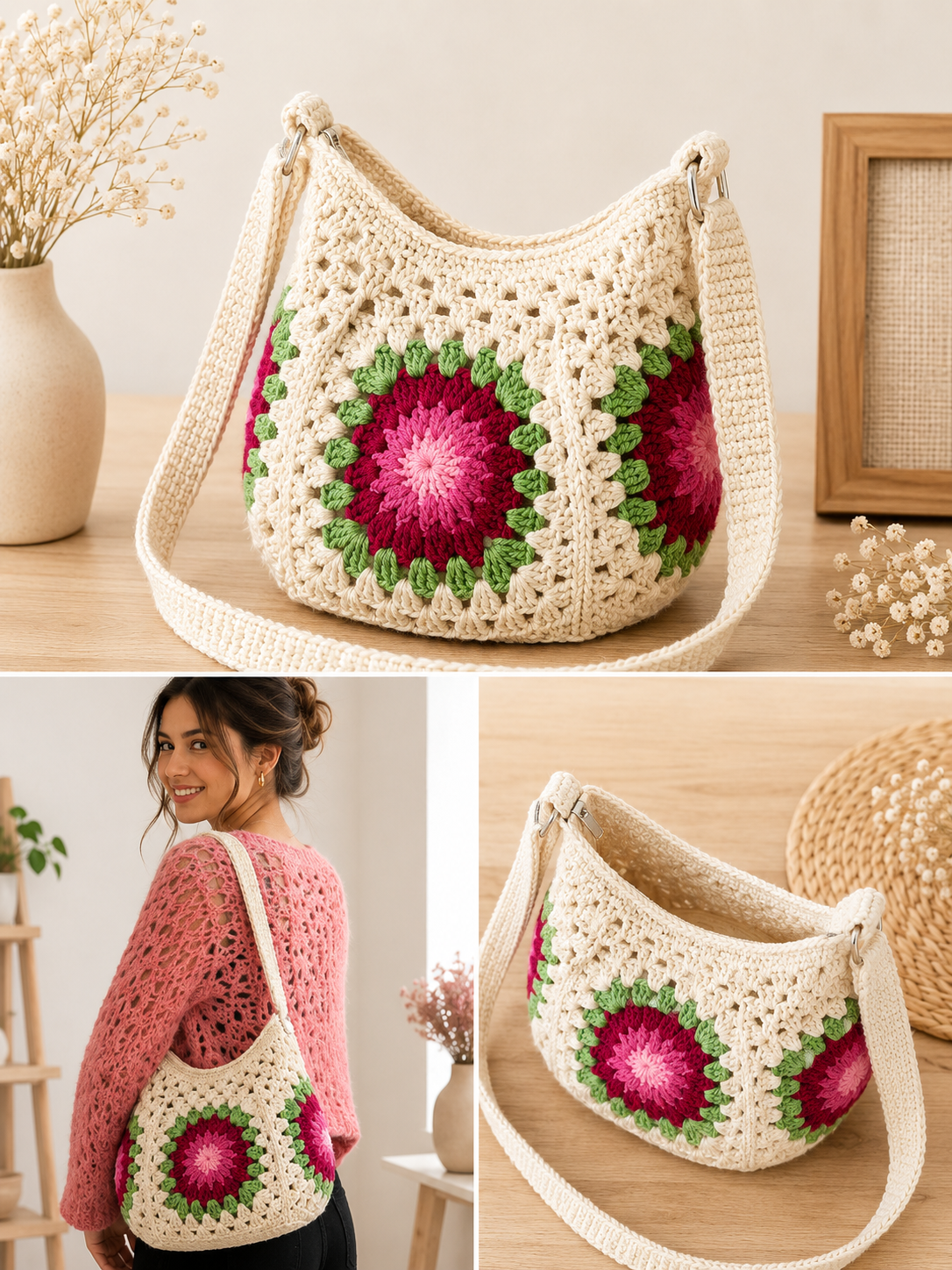 Handmade Crochet Cross Body Green with pink Flower Bag with Adjustable Strap – Stylish & Practical