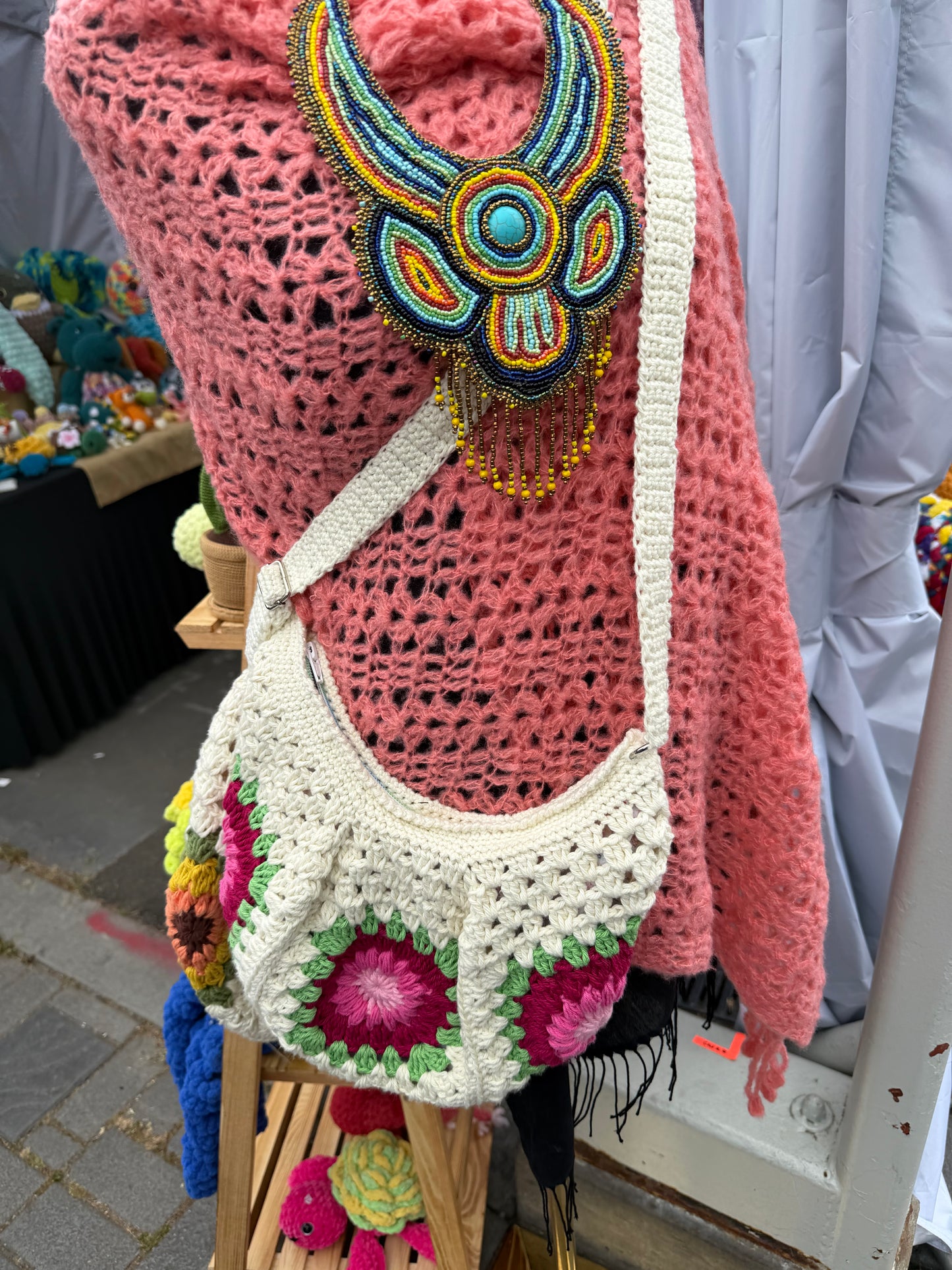 Handmade Crochet Cross Body Green with pink Flower Bag with Adjustable Strap – Stylish & Practical