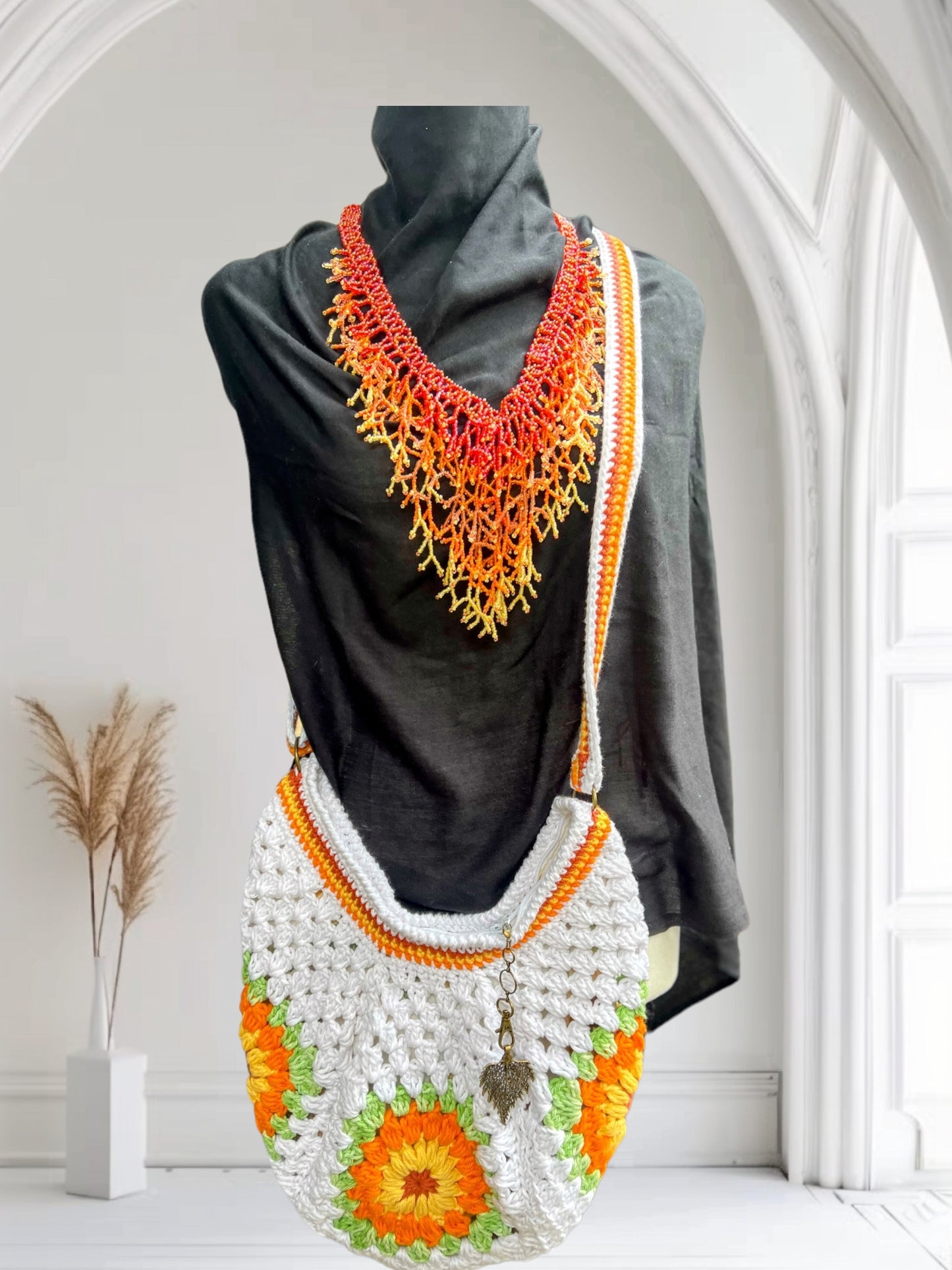 Orange Handmade Green Seaweed Design Dangling beaded necklace-Boho necklace-Beach jewelry-Statement necklace-Ocean-inspired necklace- Fire Necklace