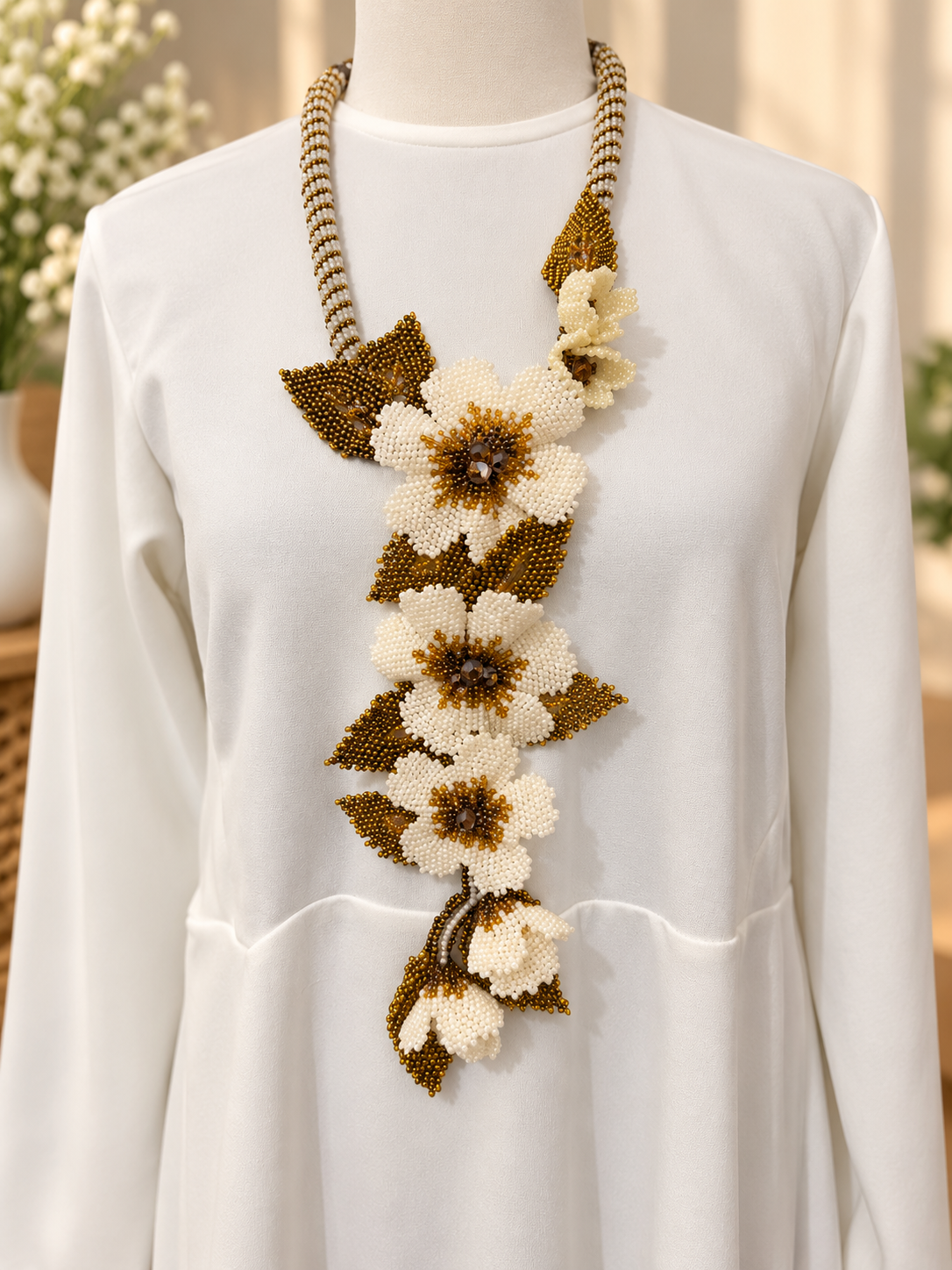 Handmade Beaded Floral Statement Necklace – Ivory & Antique Gold