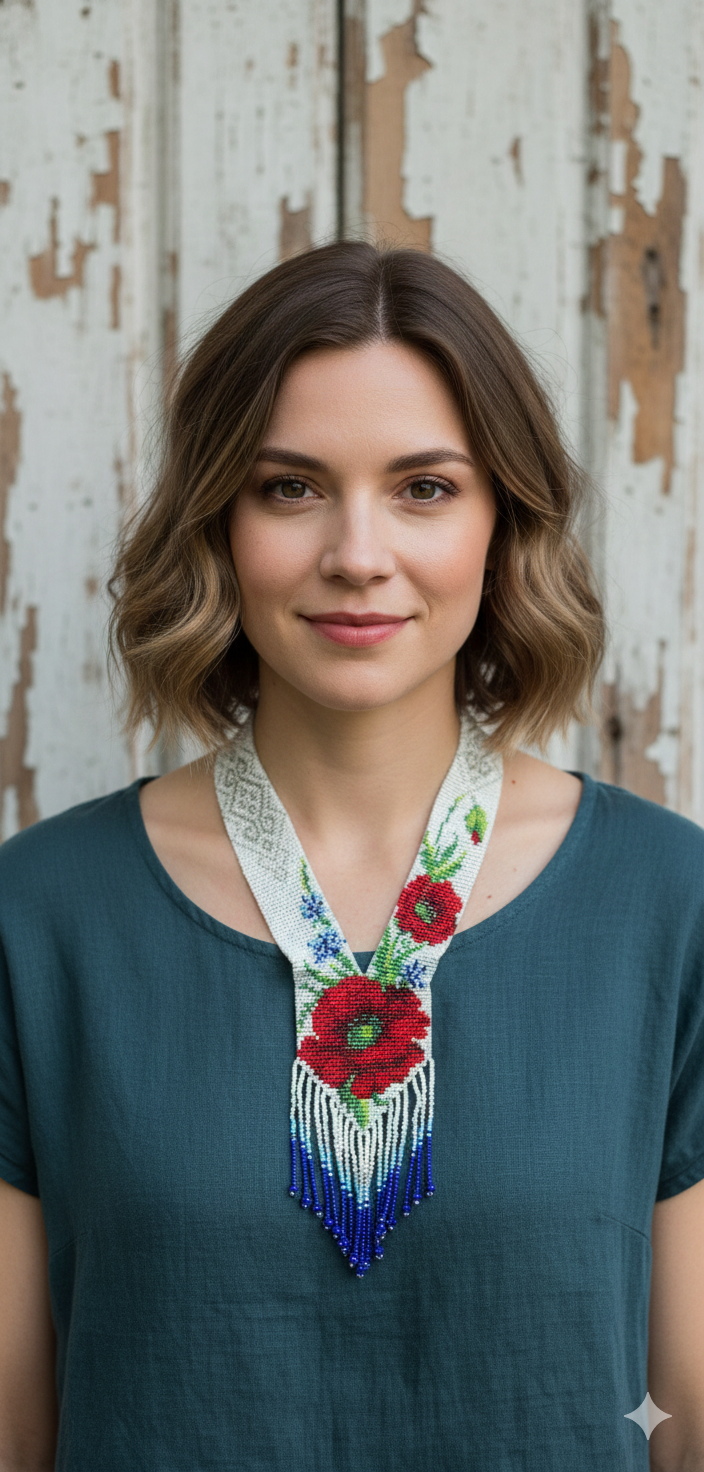 Red Flowers Loom‑Beaded Necklace – Handcrafted Floral Statement on Black & White Base