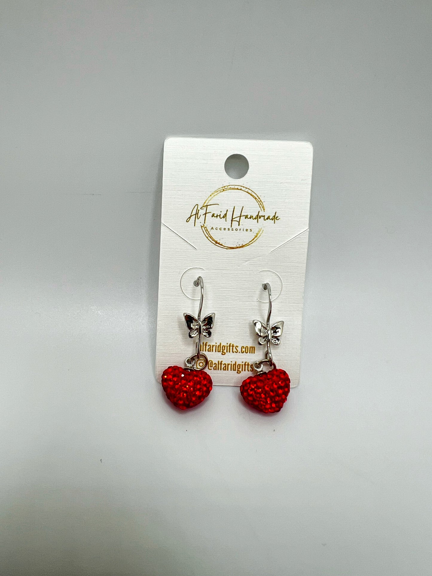 Red Shiny Heart With Silver Butterfly Earrings