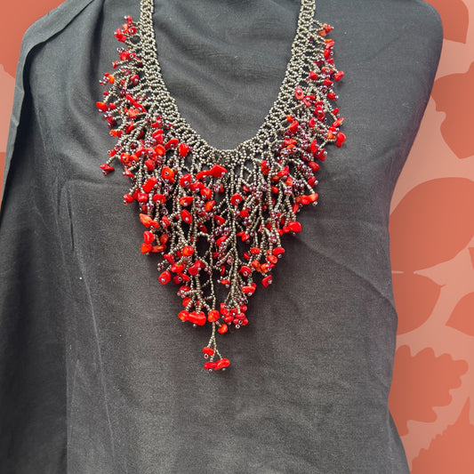 Handmade Red Seaweed Design Dangling Beaded Necklace β Boho Statement Jewelry
