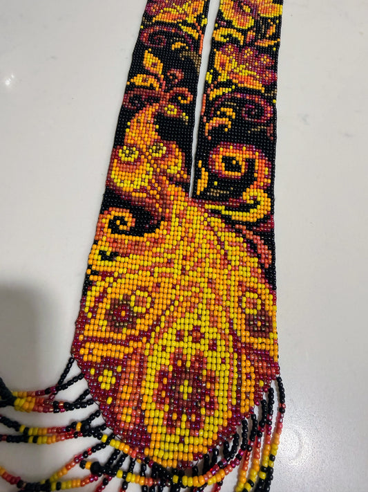 Yellow & Pink Peacock Design Loom Beaded Necklaces