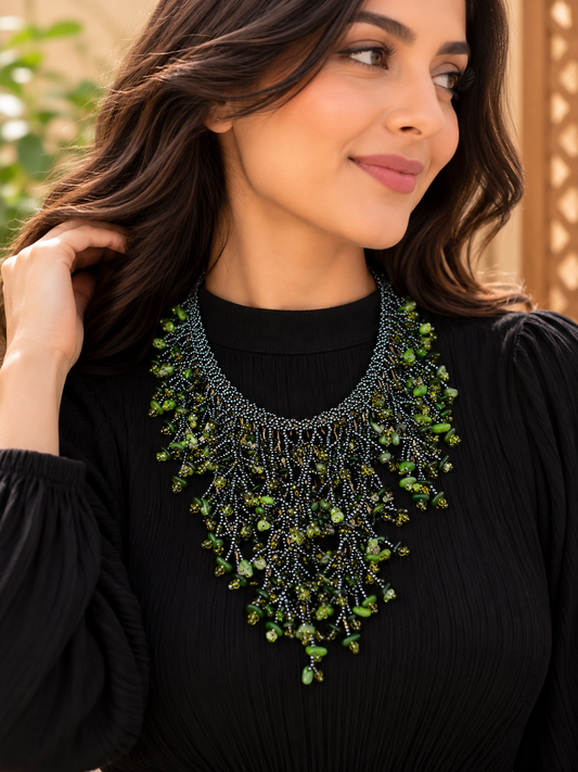 Handmade Gray Green Seaweed Design Dangling Beaded Necklace β Boho Statement Jewelry