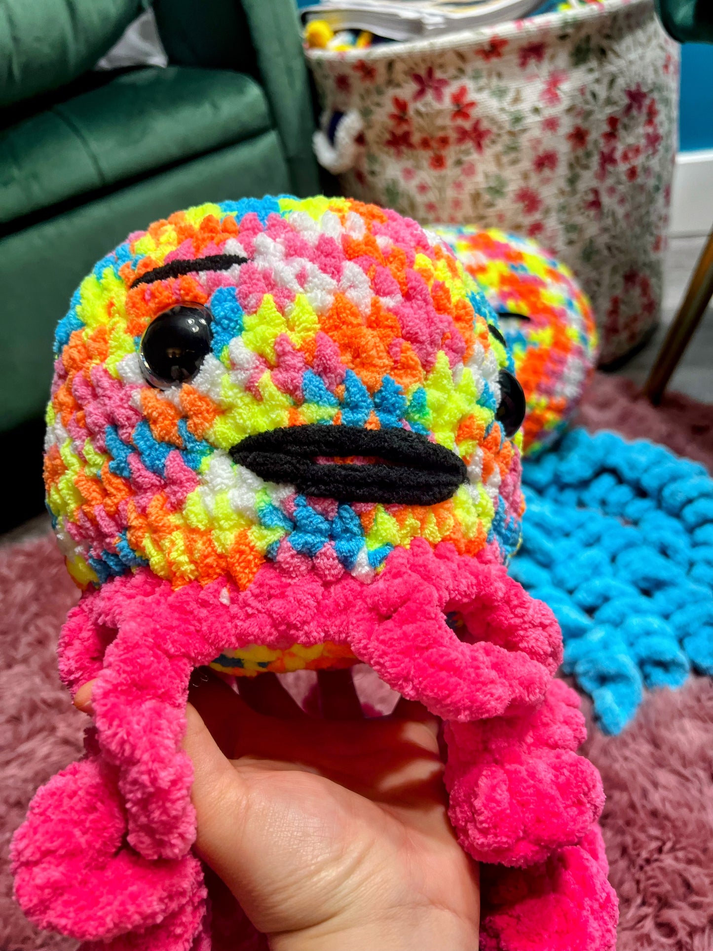 Stuffed Multicolored Pink Jellyfish - Crochet Knitted Amigurumi Toy