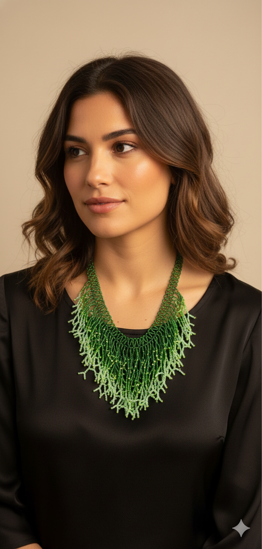 Green Seaweed Necklace – Handmade Ocean-Inspired Beaded Statement Jewelry