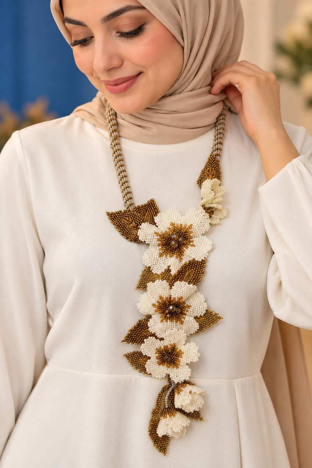 Handmade Beaded Floral Statement Necklace – Ivory & Antique Gold