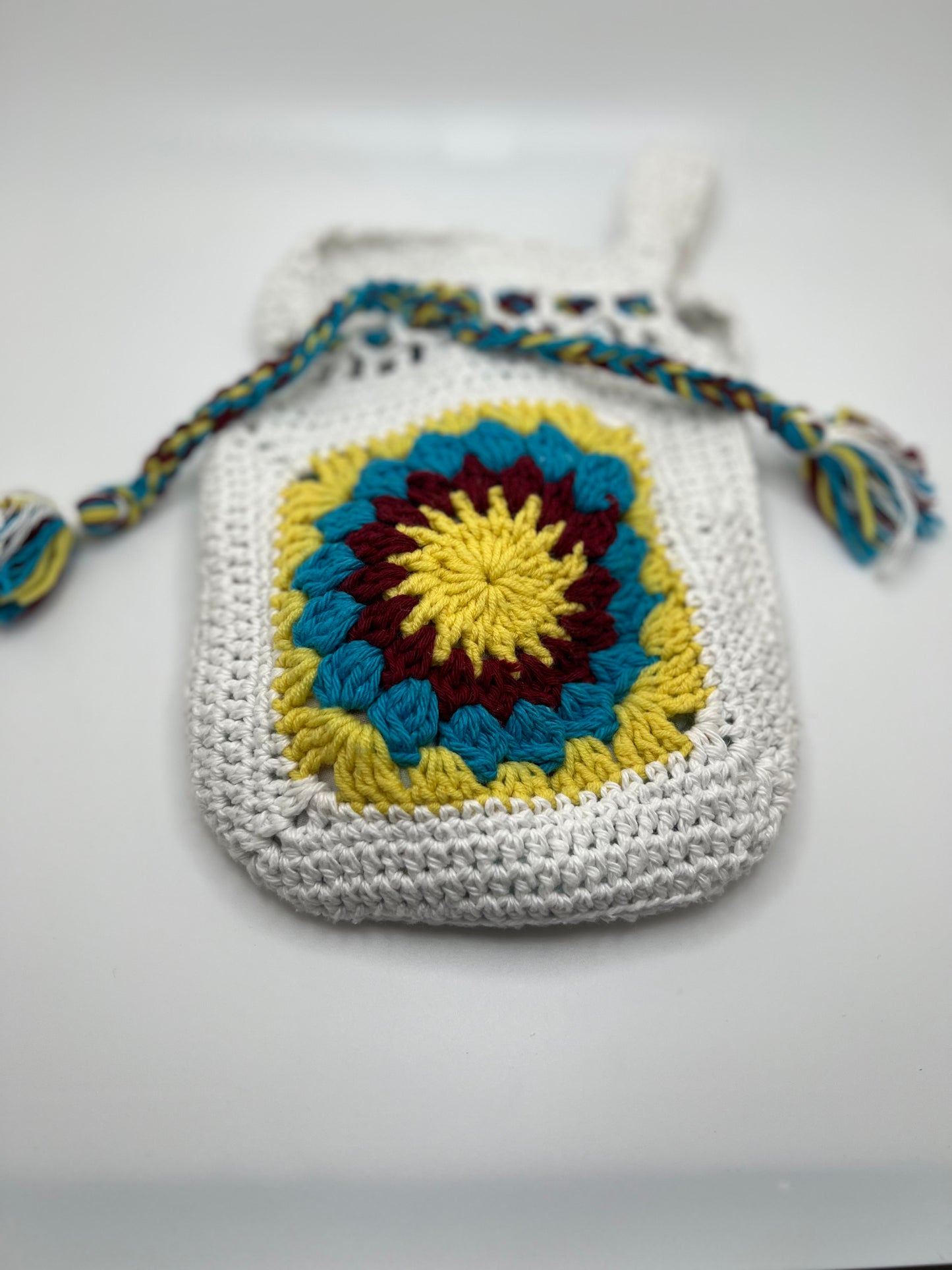 Crochet White Bag With Blue Yellow Flower- For Girls & Teens