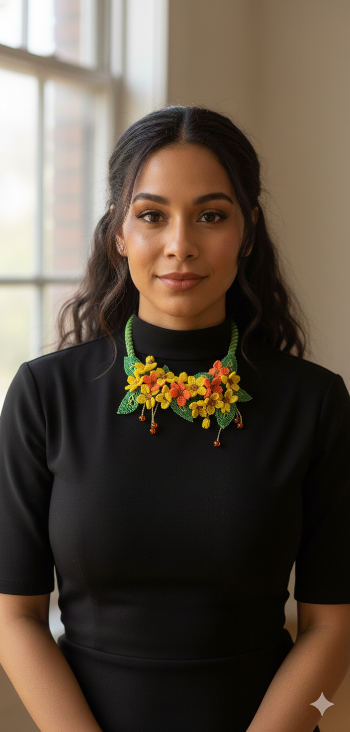 Handmade orange Beaded Necklace with 3D Floral Garden Design