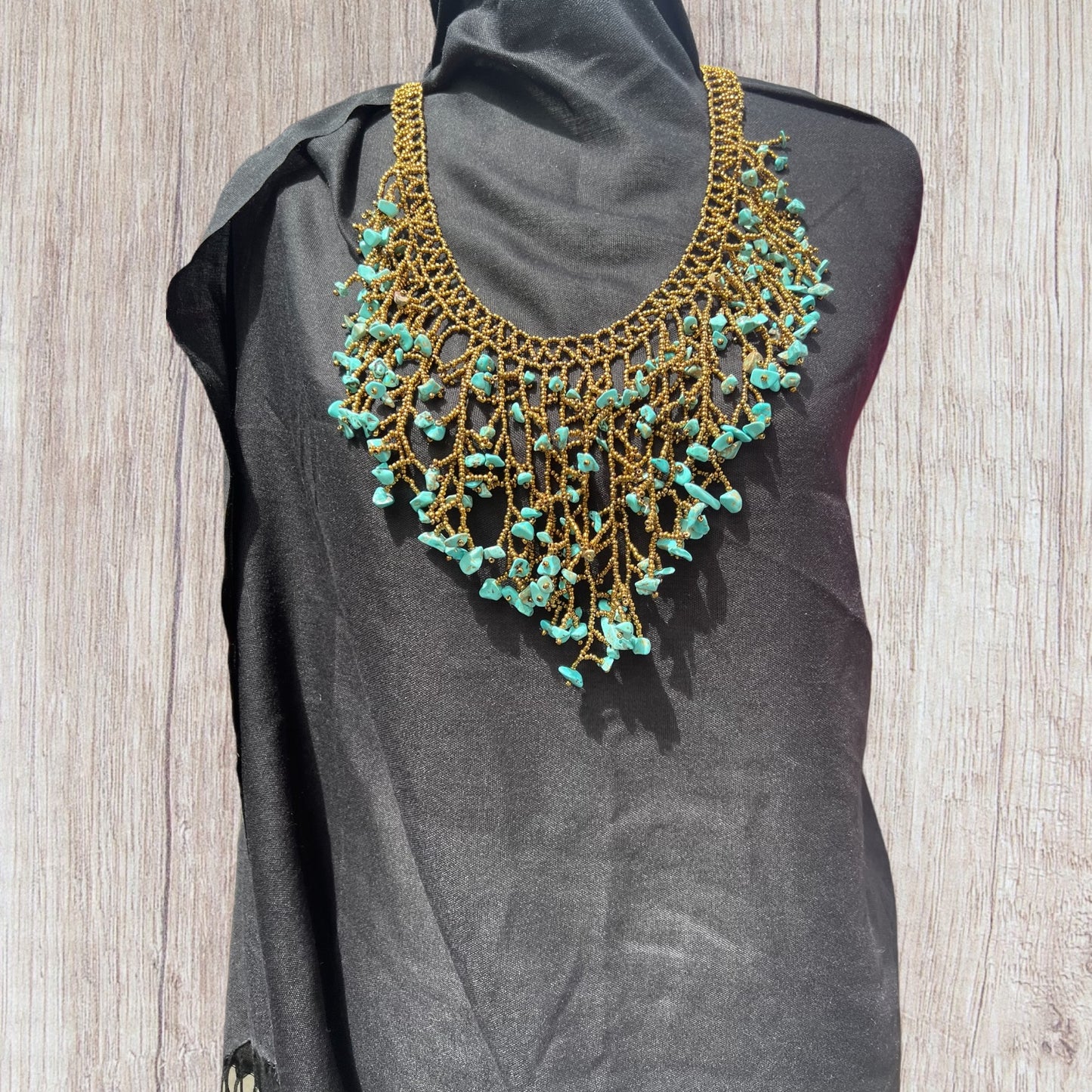 Brown Dangling With Teal Natural Stones Beaded Necklace