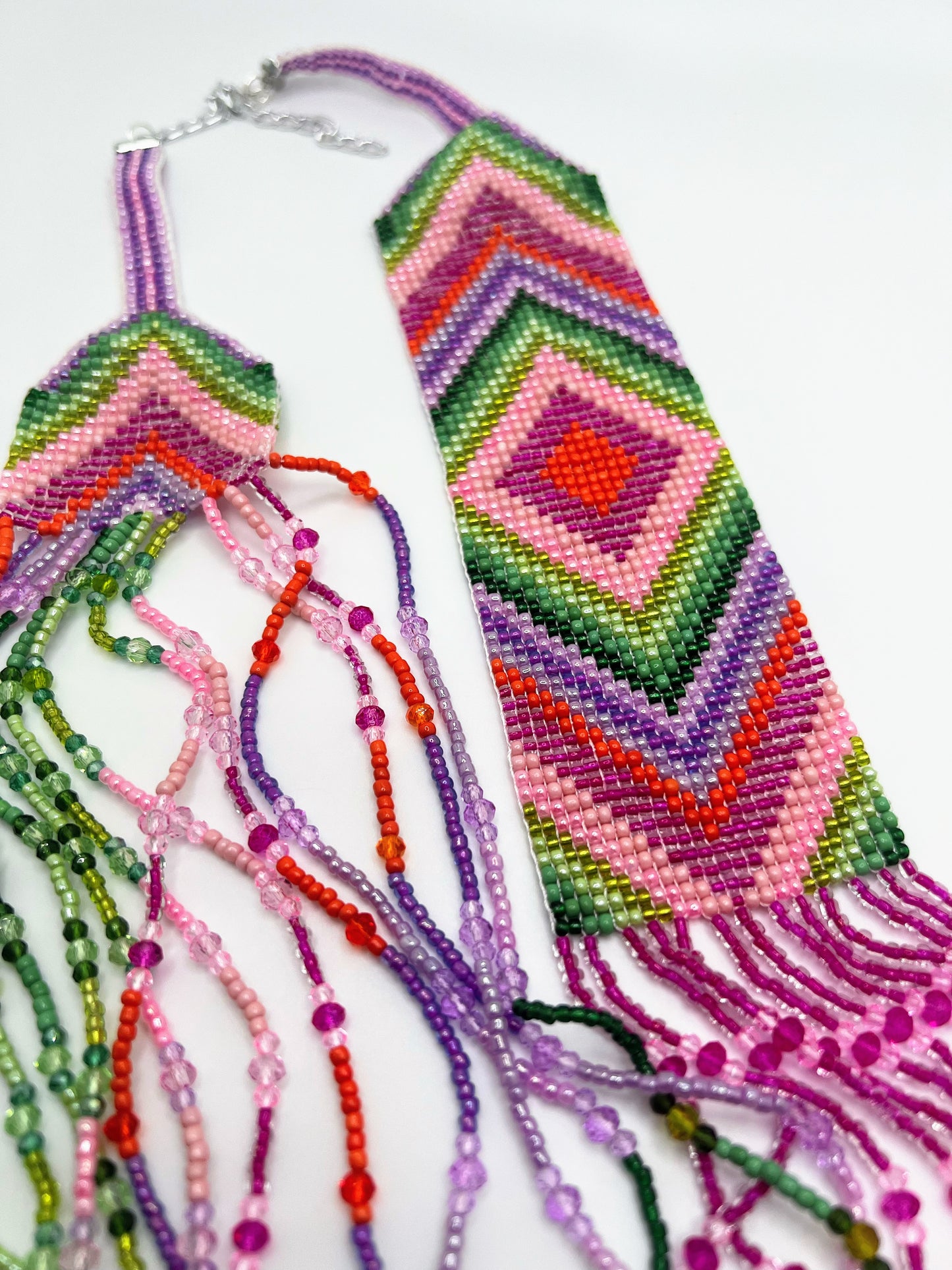 Handmade Colorful Purple, pink & Orange Geometric Loom Beaded Necklaces – Bold Artisan Jewelry