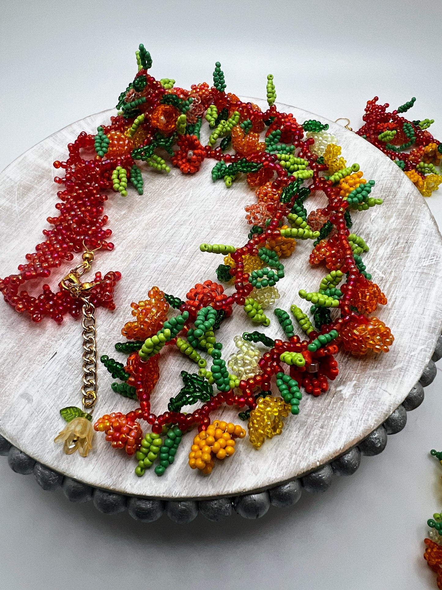Exquisite Hand-Beaded Orange Floral Garland Jewelry Set - Necklace, Bracelet & Earrings