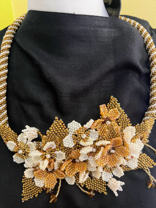 Handmade Gold Necklace with A Garden of 3D Flowers, Beaded and Loved