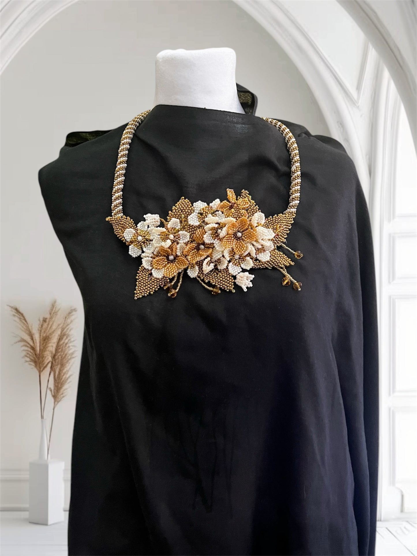 Handmade Gold Necklace with A Garden of 3D Flowers, Beaded and Loved