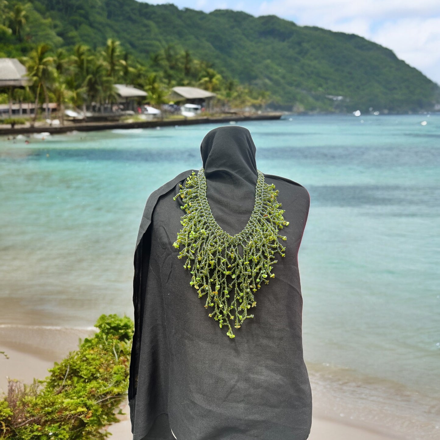 Green Dangling Beaded with Natural Stones Necklace