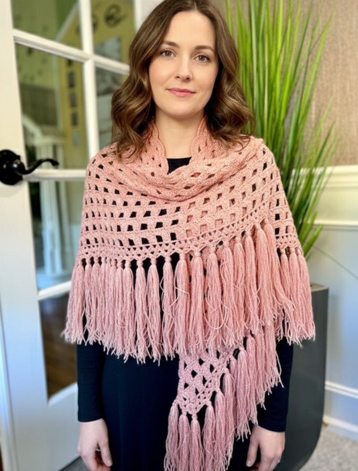 Wool Rose Triangle Shawl – Hand‑Crocheted Boho Wrap with Rose Motif & Fringe