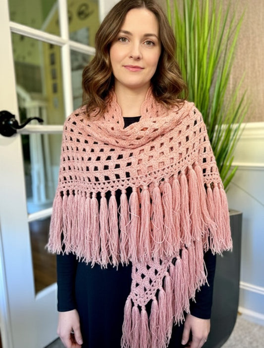 Wool Rose Triangle Shawl – Hand‑Crocheted Boho Wrap with Rose Motif & Fringe