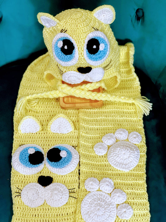 Crochet Yellow Cat Hat & Scarf Set for Kids – Handmade Cozy Winter Accessory
