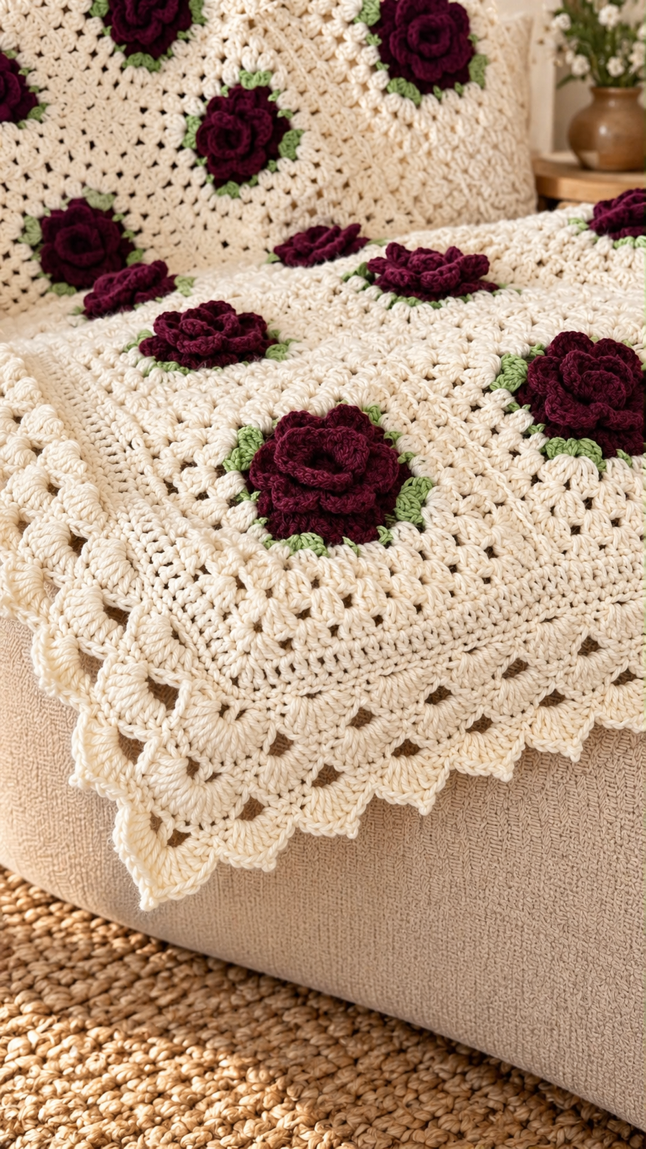 Elegant Handmade Wool 3D Purple Flower Blanket - Handmade Cozy Warm