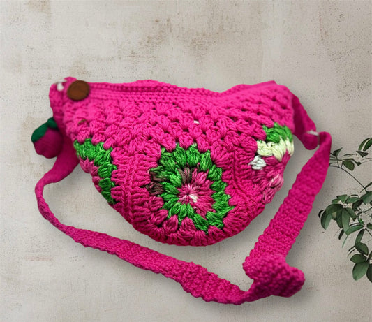 Handmade Crochet Cross Body Hot Pink Bag with Adjustable Strap – Stylish & Practical