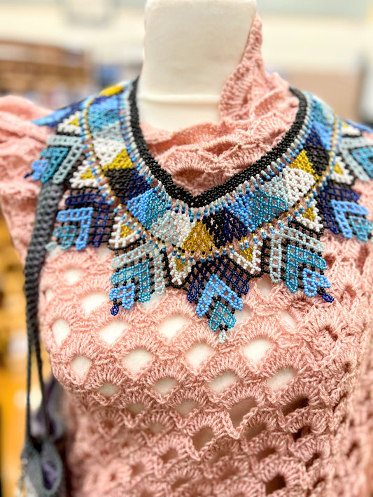 Handmade Blue Beaded Geometric Round Choker Necklace – Stylish Artisan Jewelry