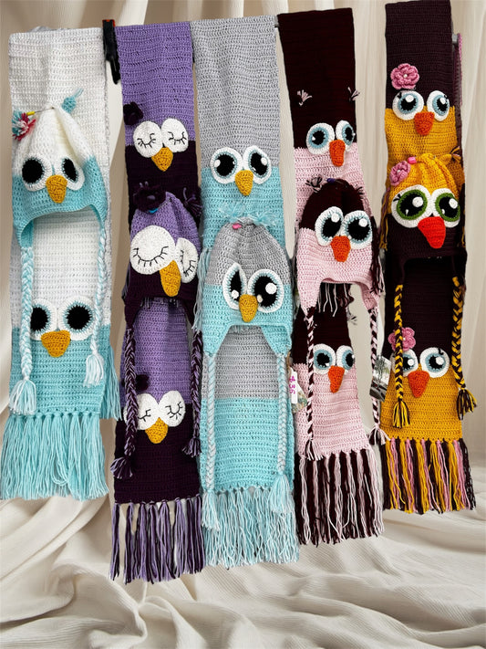 Adorable Crochet Yellow & Purple Owl Hat & Scarf Set for Kids