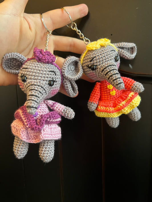 Ellie & Elbert Crochet Elephant Keychain Set – Handmade Amigurumi Charms