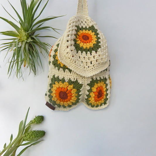Handmade Crochet Sunflower Backpack Bag – Stylish & Functional