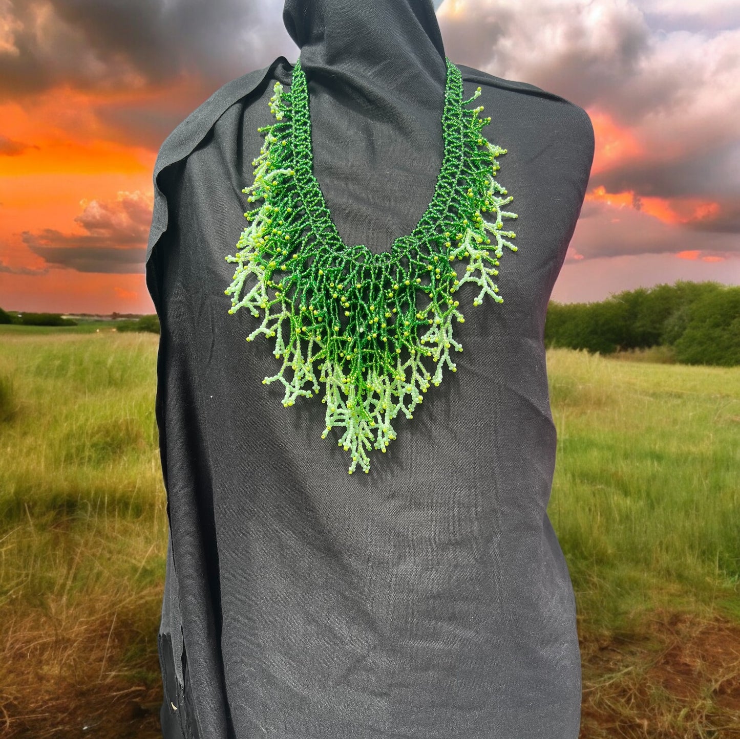 Handmade Green Seaweed Design Dangling beaded necklace-Boho necklace-Beach jewelry-Statement necklace-Ocean-inspired necklace