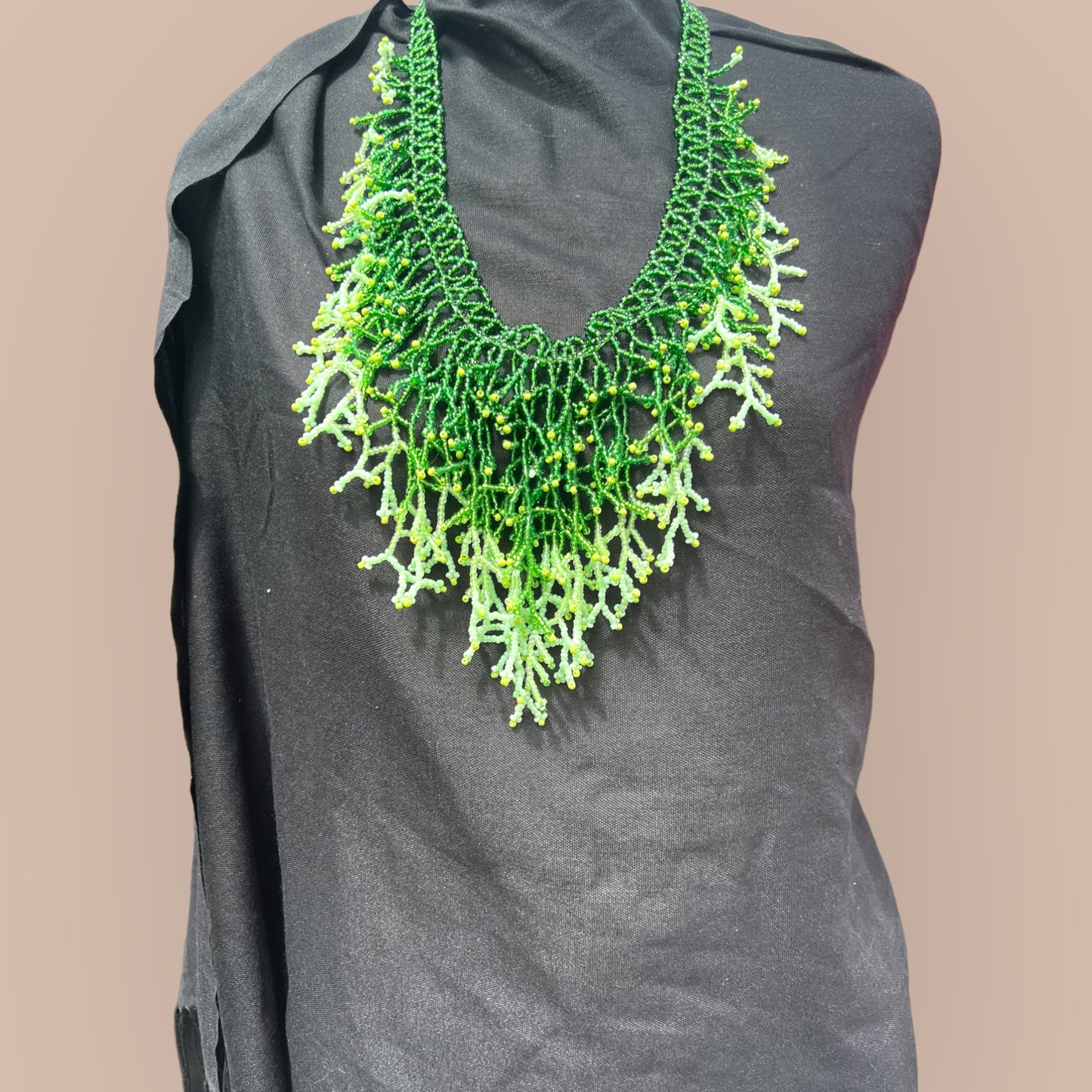 Handmade Green Seaweed Design Dangling beaded necklace-Boho necklace-Beach jewelry-Statement necklace-Ocean-inspired necklace