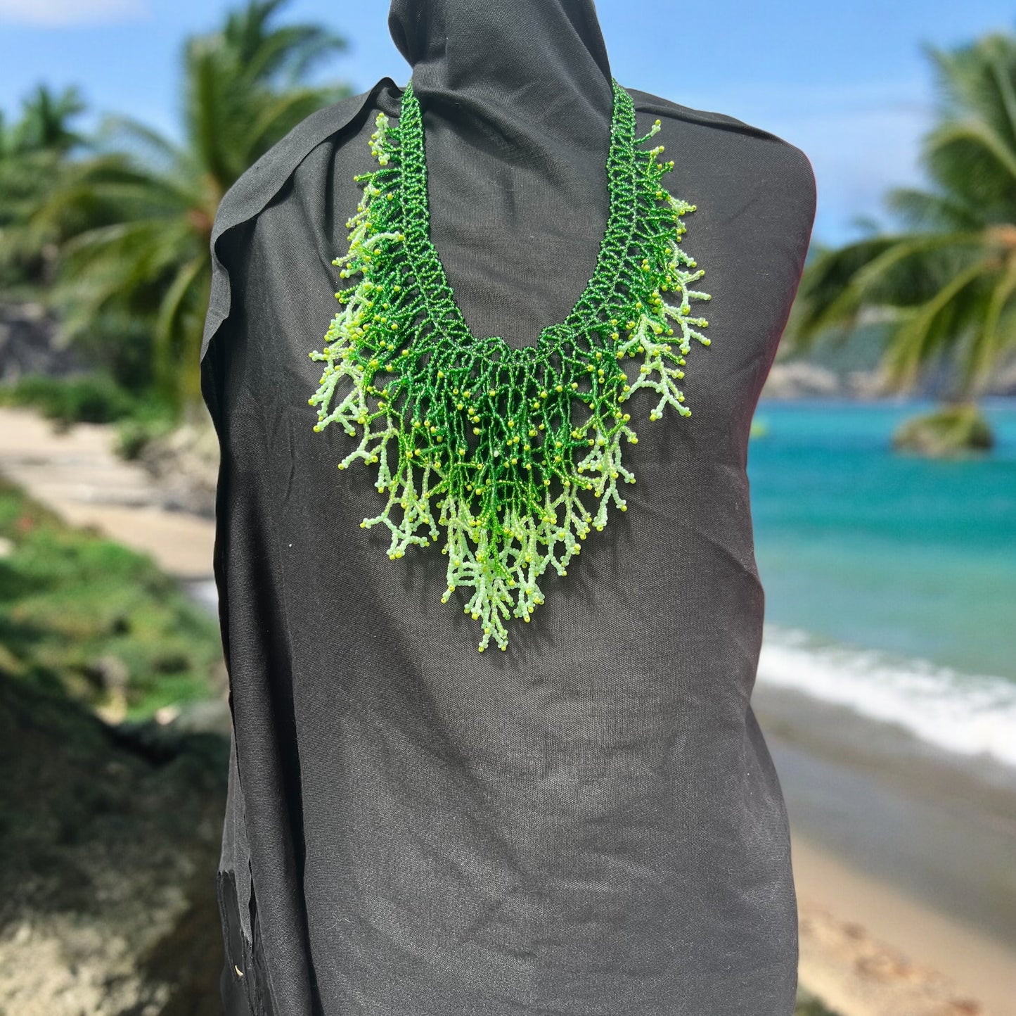 Handmade Green Seaweed Design Dangling beaded necklace-Boho necklace-Beach jewelry-Statement necklace-Ocean-inspired necklace