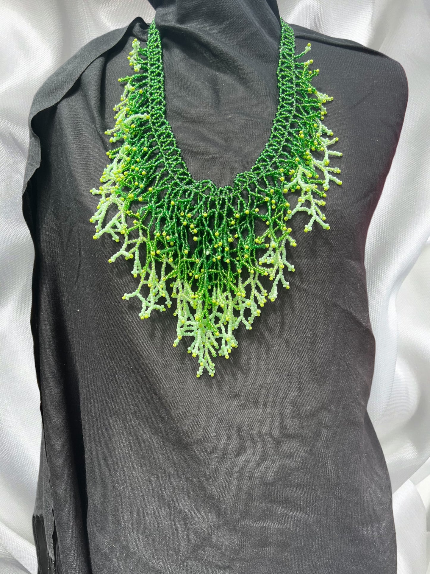 Handmade Green Seaweed Design Dangling beaded necklace-Boho necklace-Beach jewelry-Statement necklace-Ocean-inspired necklace