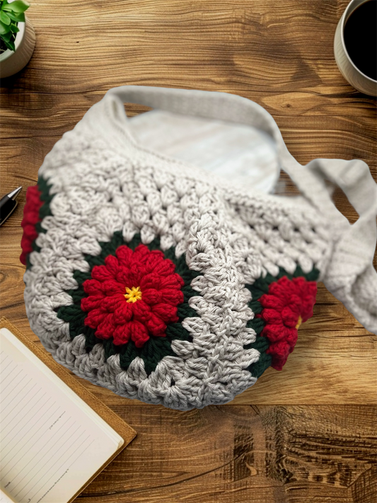 Handmade Crochet Cross Body Red Flower Bag with Adjustable Strap – Stylish & Practical