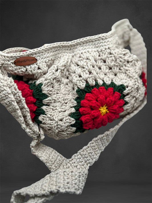 Handmade Crochet Cross Body Red Flower Bag with Adjustable Strap – Stylish & Practical