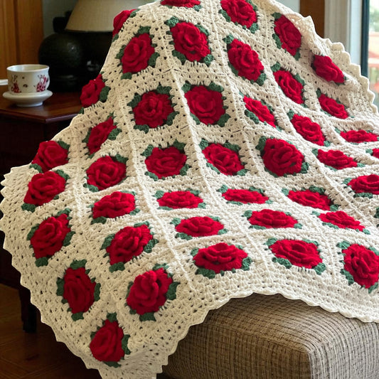 Elegant Handmade Wool 3D Red Flower Blanket - Handmade Cozy Warm