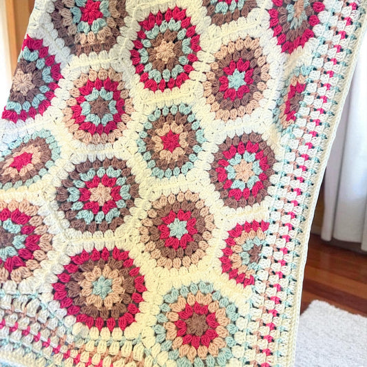 Soft Pink & Blue & Brown Flowers Blanket – Handmade Cozy Comfort