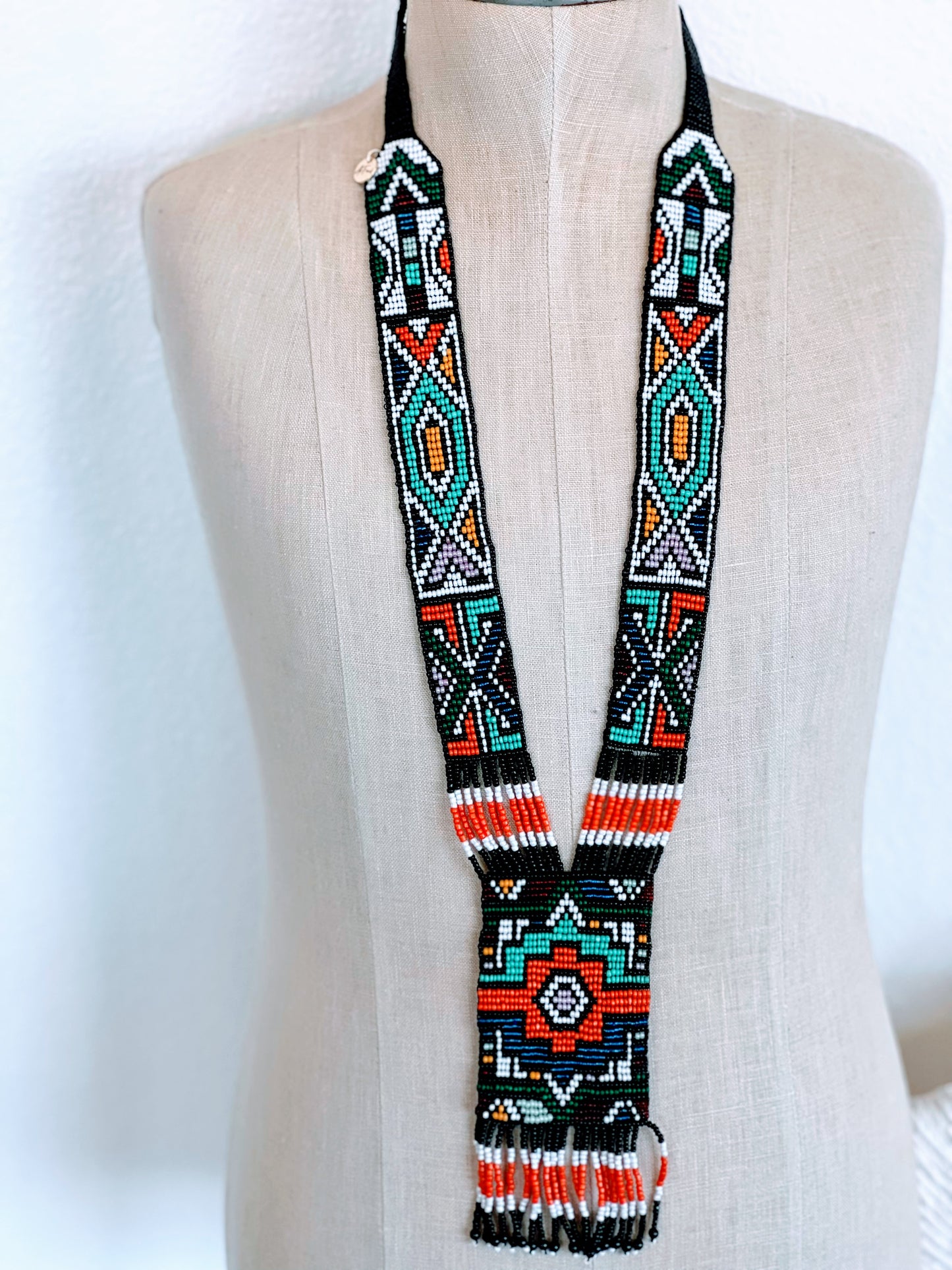 Colorful Teal - Orange Geometric Design Loom Beaded Necklaces (2 Styles Available)