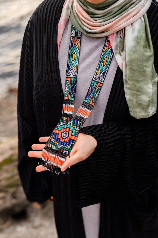 Handmade Colorful Teal & Orange Geometric Loom Beaded Necklaces – Bold Artisan Jewelry