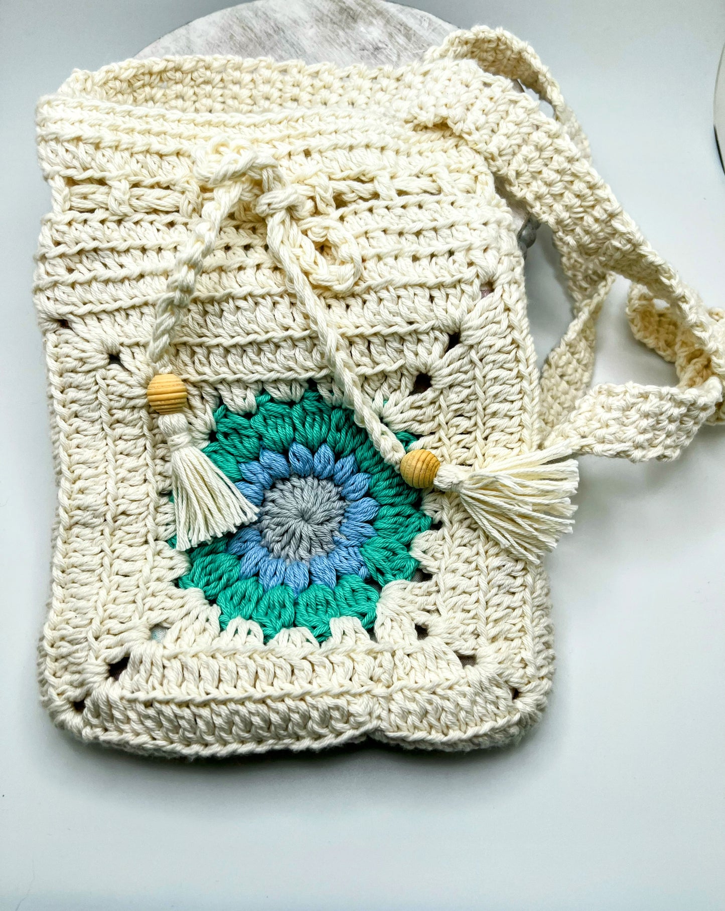 Crochet Bag With Light Blue Flower- For Girls & Teens
